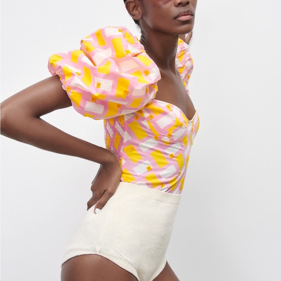 Zara printed poplin bodysuit with puffy sleeves NWT - Picture 5 of 9